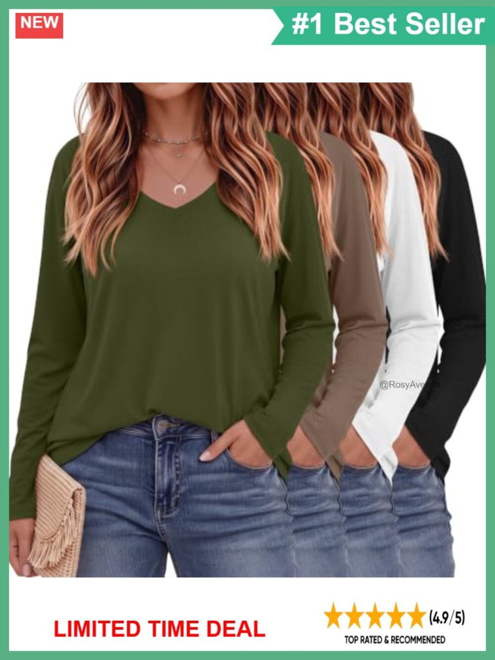 4 Pack Women's Plus Size Long Sleeve V-Neck T-Shirts Curved Hem Tops